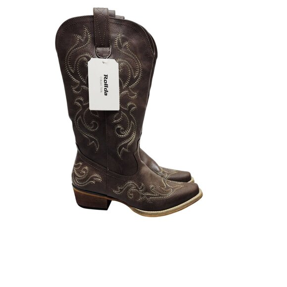 Western Cowboy Brown Leather Boots Womens 7.5 Rollda Embroidered Stacked Heel - Picture 10 of 12